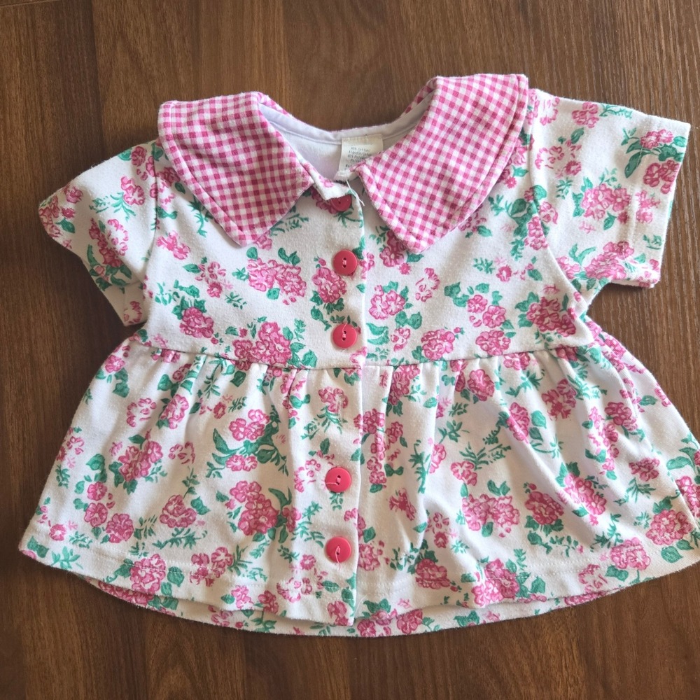 Vintage Gerber Baby Girl Floral Gingham Collar Top Pink White 24 Months